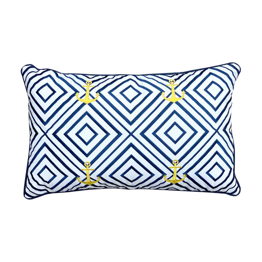 Blue and white diamond geo pattern with yellow nautical anchor accents.