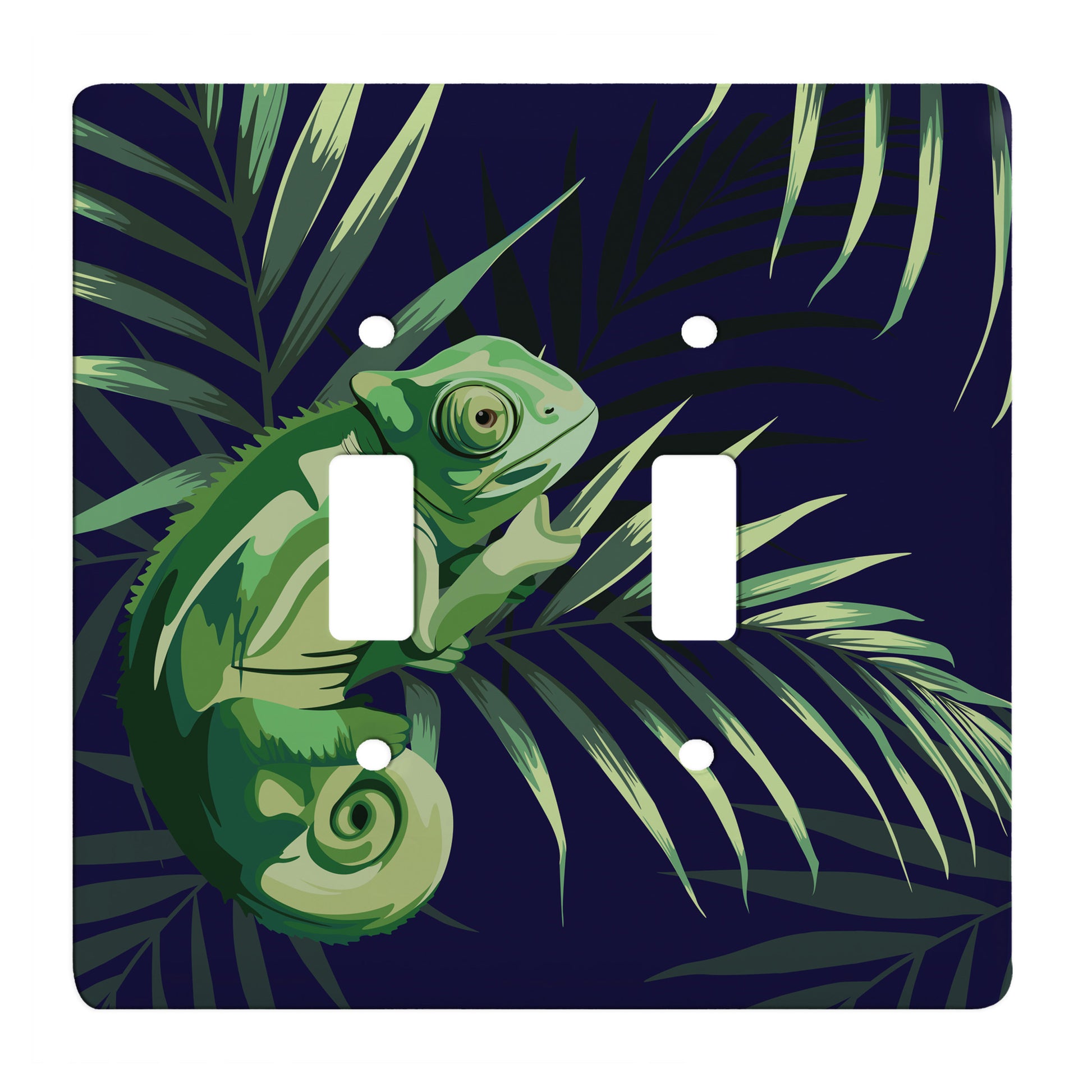 navy ceramic double toggle switch plate featuring green palm leaves and lizard.