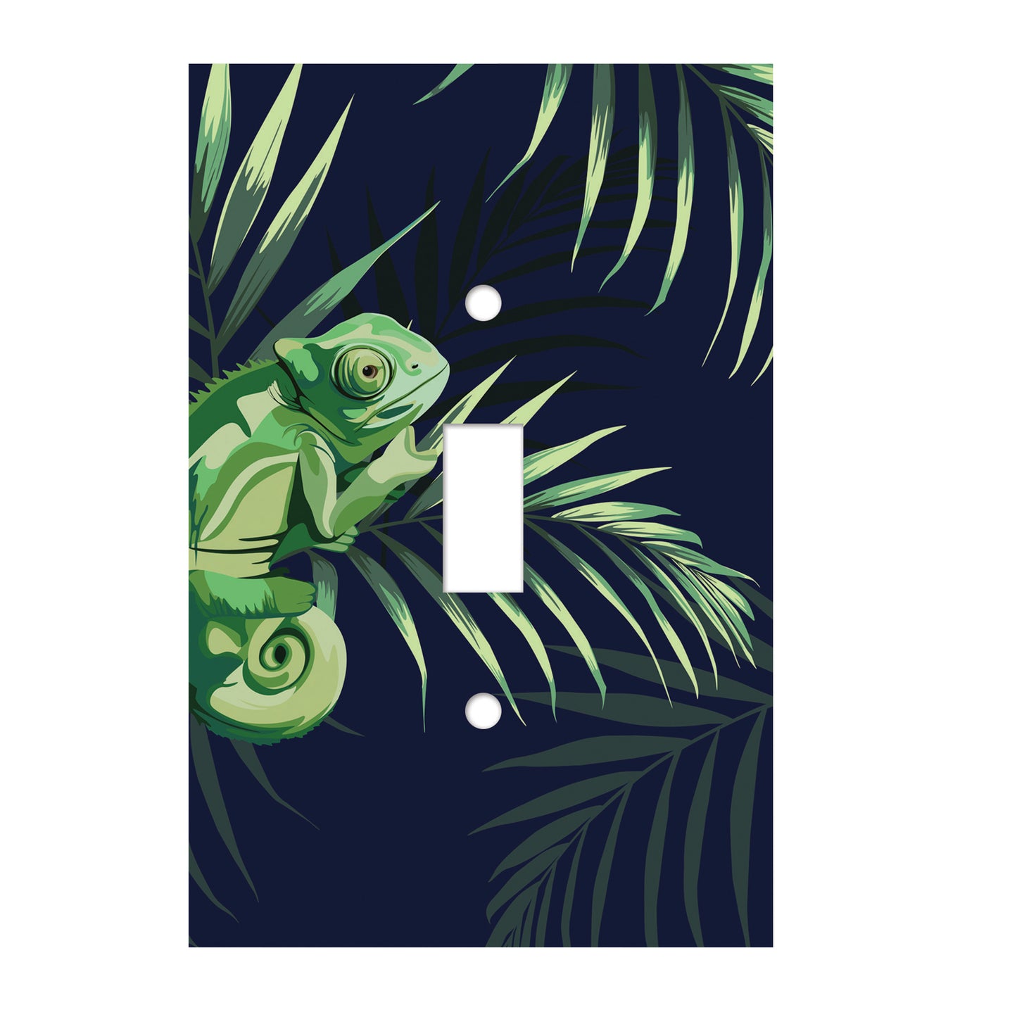 navy ceramic single toggle switch plate featuring green palm leaves and lizard.