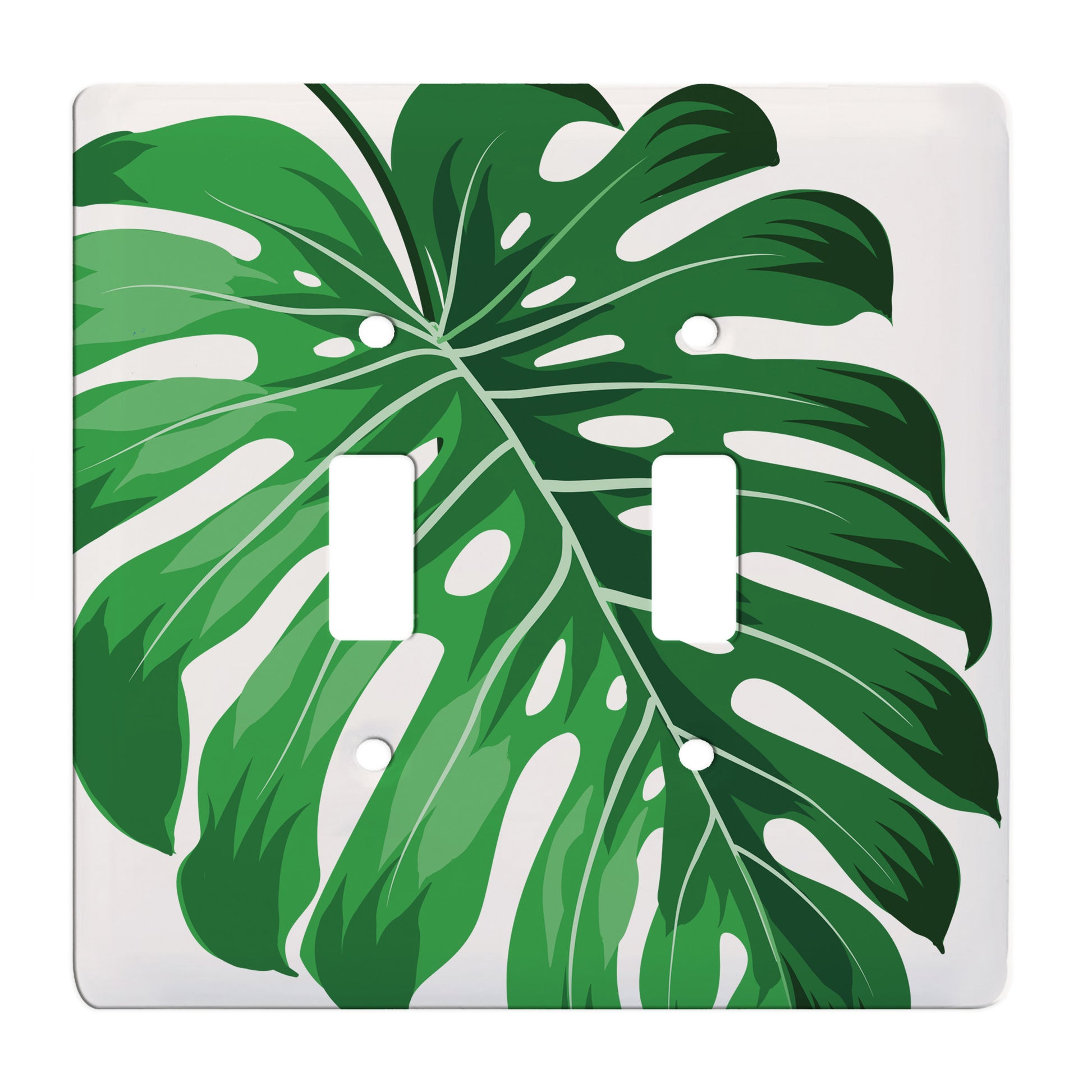 ceramic double toggle switch plate featuring green monstera leaf.