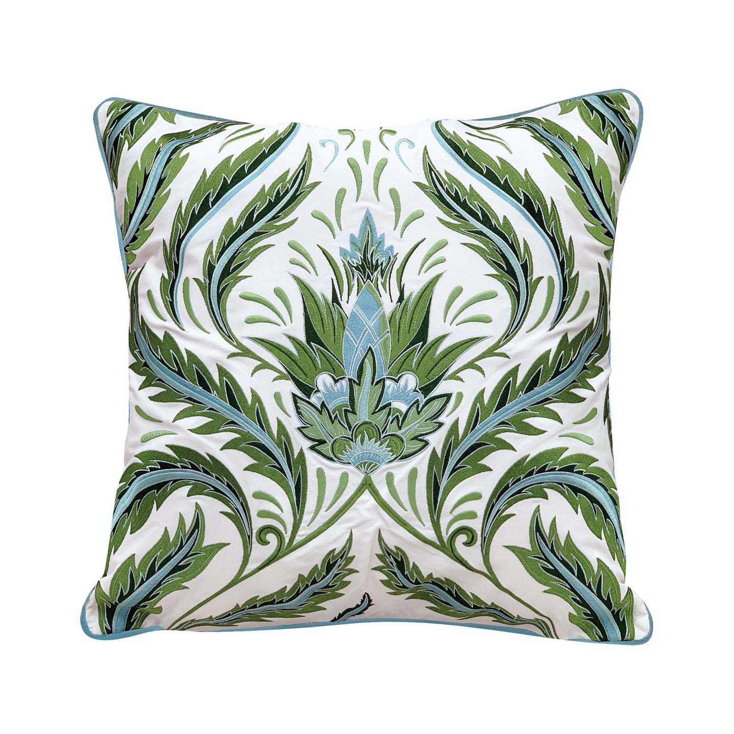 Traditional thistle design embroidered in hues of green and blue on a white background.