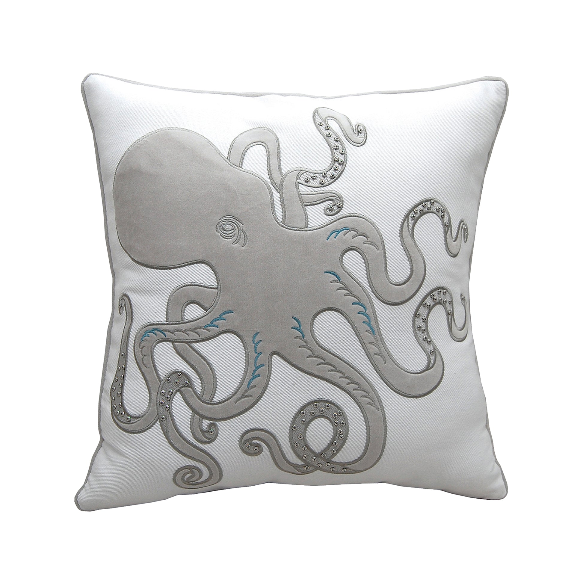 A large grey velvet octopus applique on a white background. Metal bead accents and gray piped edges.