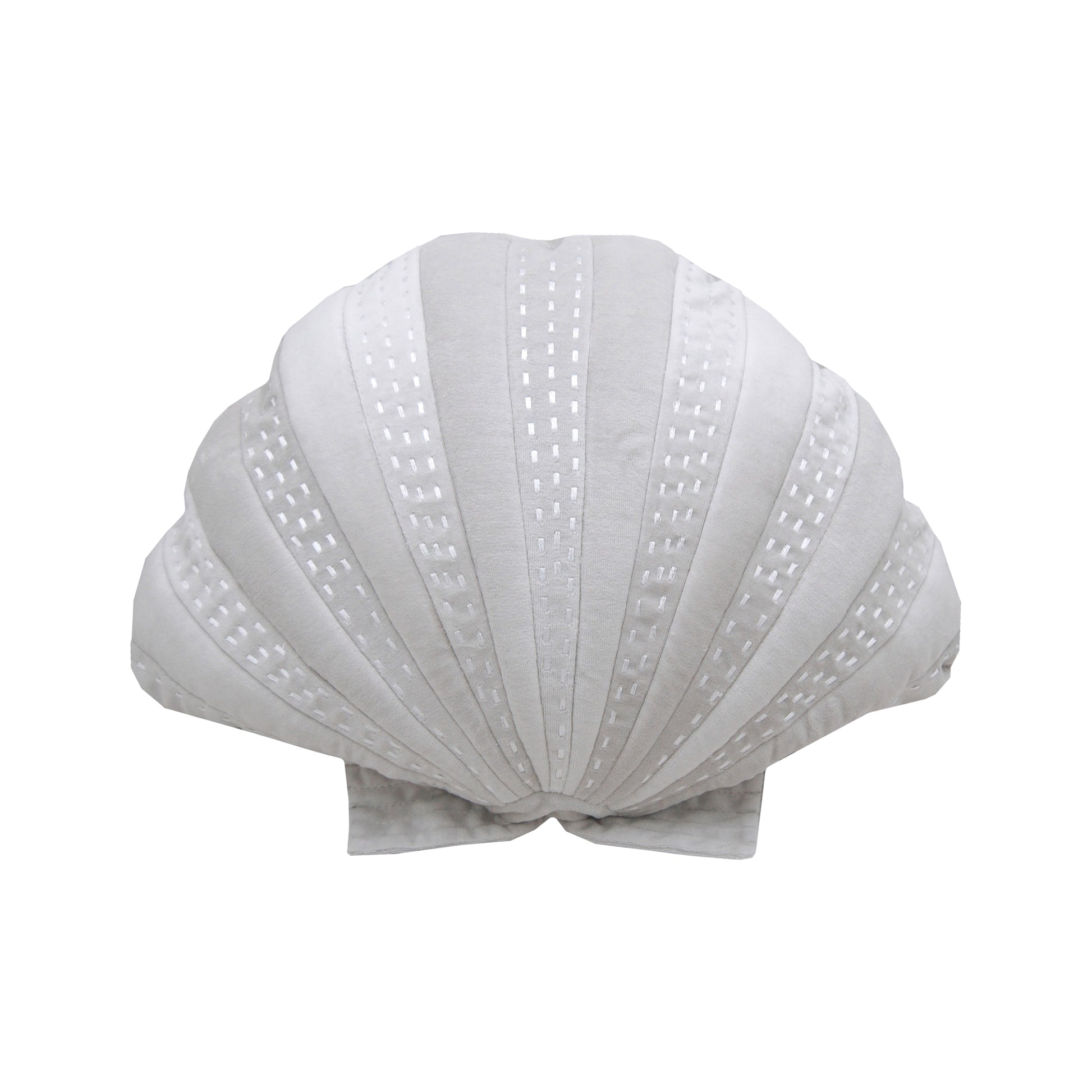 Scallop shaped velvet pillow with white embroidery details.