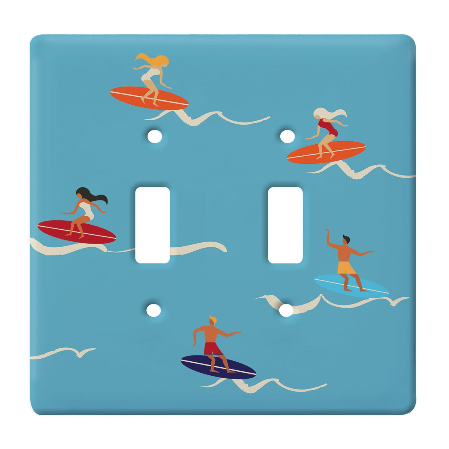 blue ceramic double toggle switch plate featuring 5 surfers with various colored surf boards.