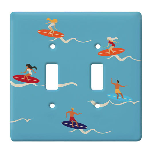 blue ceramic double toggle switch plate featuring 5 surfers with various colored surf boards.