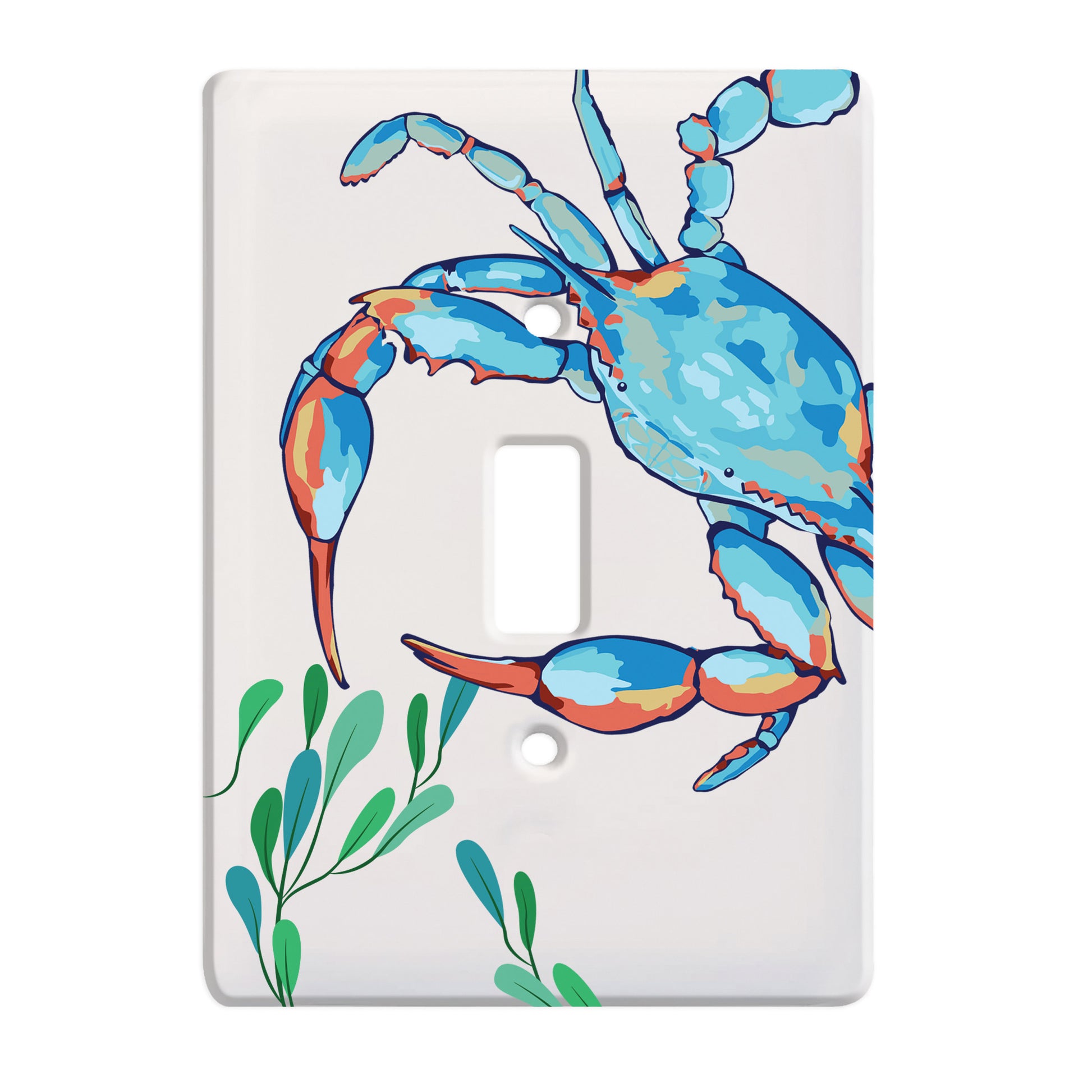 white ceramic single toggle switch plate featuring graphic of blue crab with orange accents and green leaves.