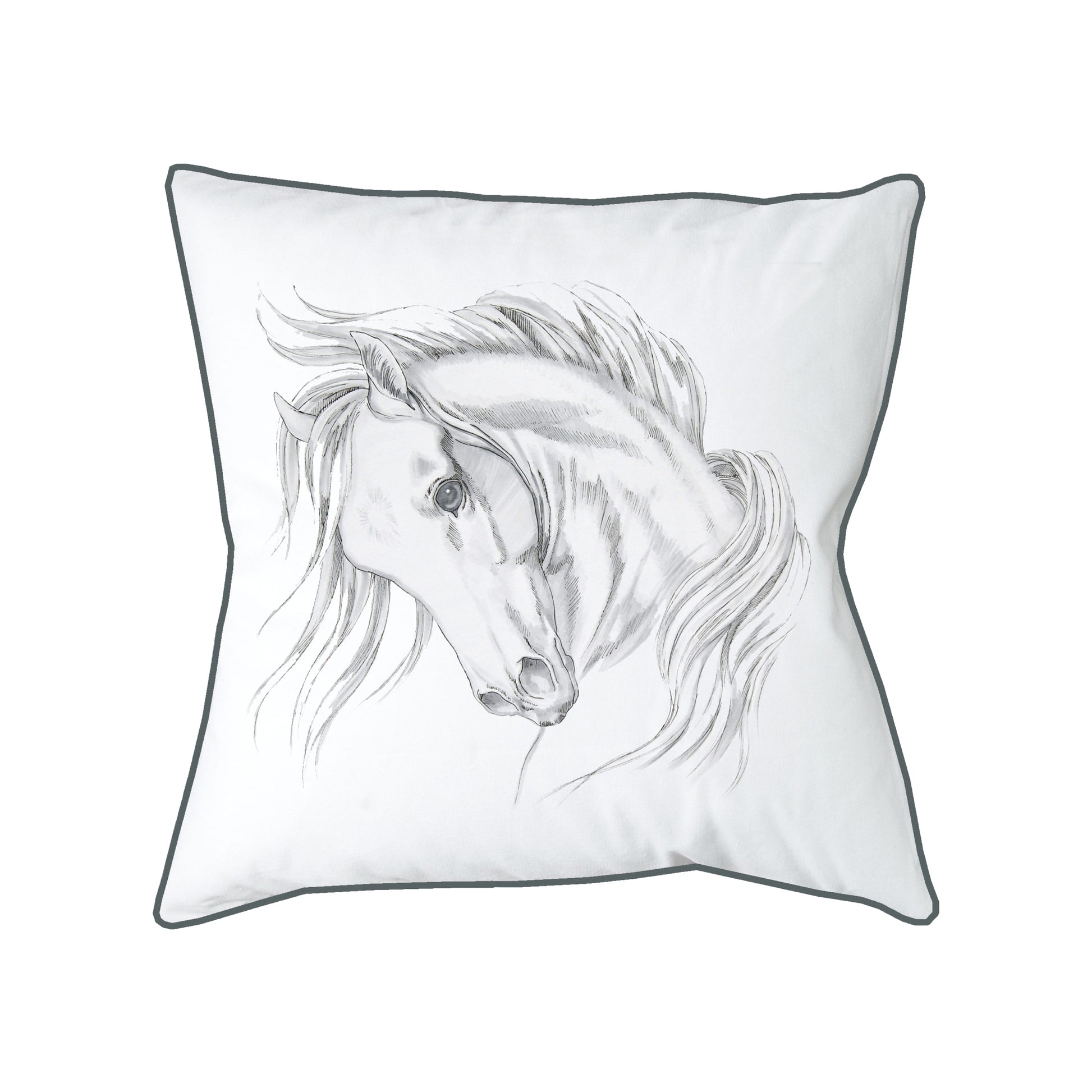 Bowing horse head embroidered on a white background.