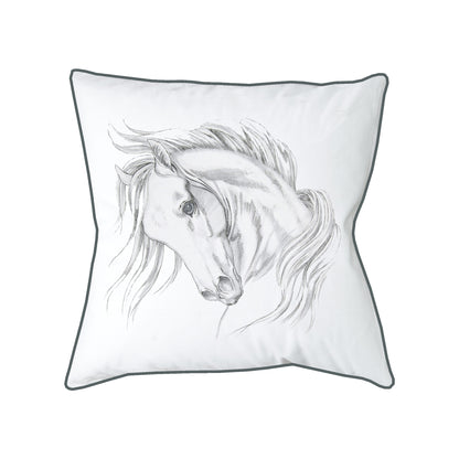 Bowing horse head embroidered on a white background.