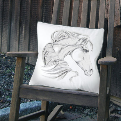 Head Strong Right Indoor Outdoor Pillow styled on an outdoor rocking chair.