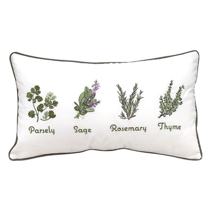 Four sprigs of herbs - parsley, sage, rosemary, and thyme - embroidered on a white background.