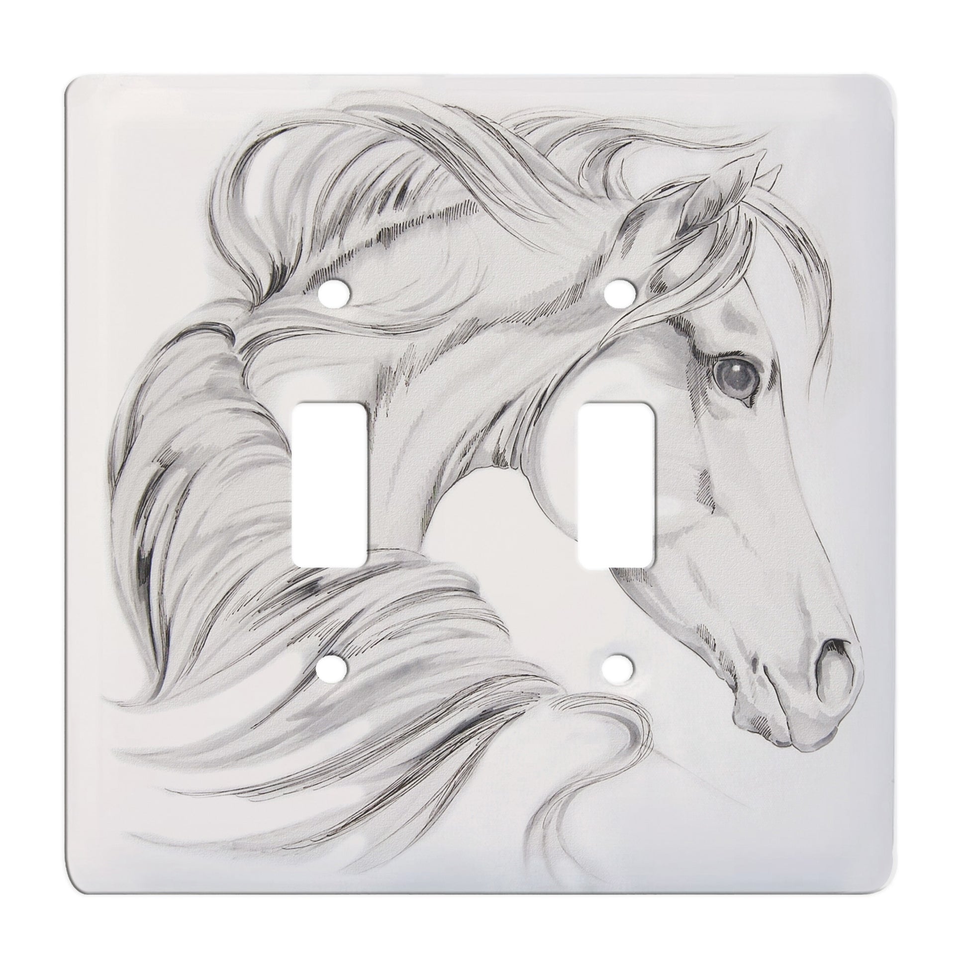 ceramic double toggle switch plate featuring a gray illustrative graphic of a horse bust facing right.