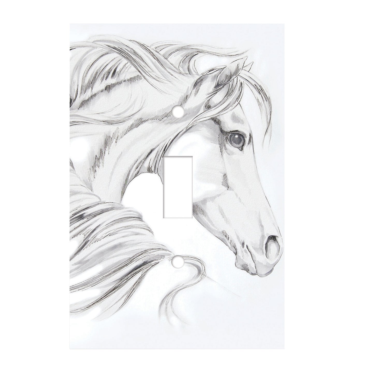 ceramic single toggle switch plate featuring a gray illustrative graphic of a horse bust facing right.