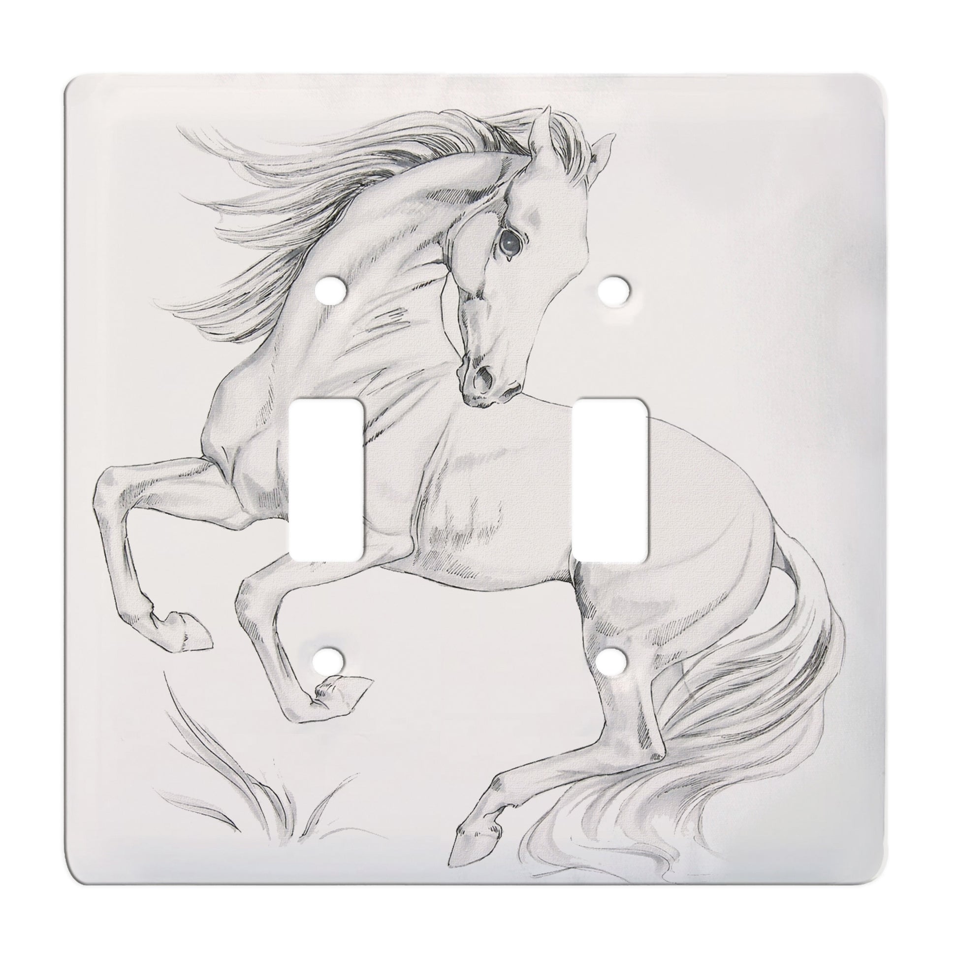 ceramic double toggle switch plate featuring illustrative graphic of a horse
