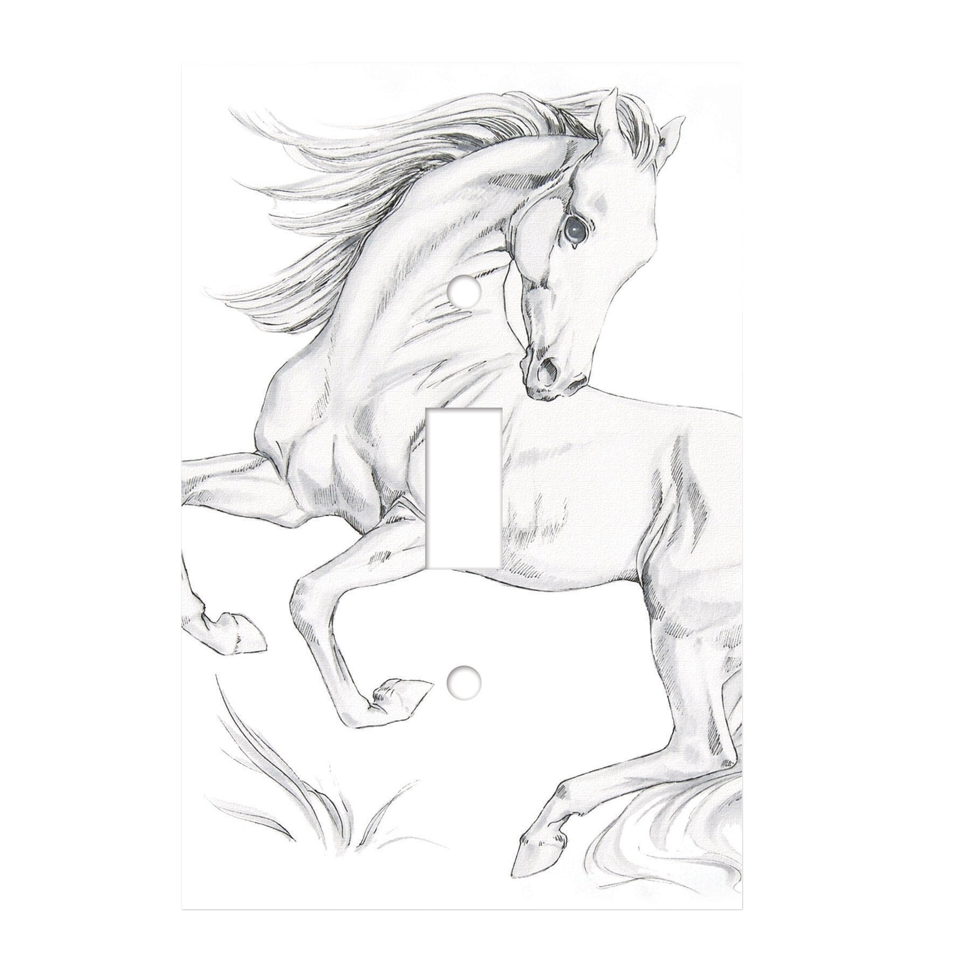 ceramic single toggle switch plate featuring illustrative graphic of a horse 