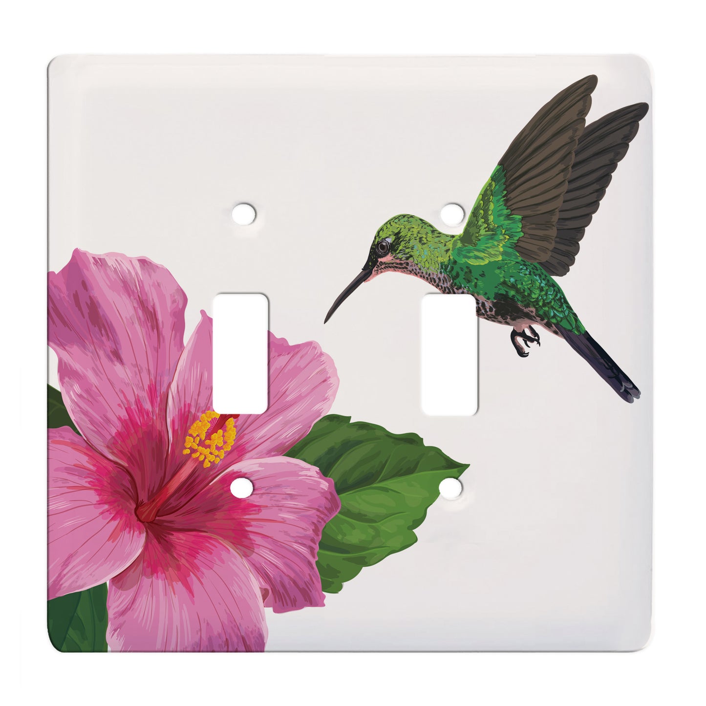 ceramic double toggle switch plate featuring green hummingbird hovering over pink hibiscus flower.