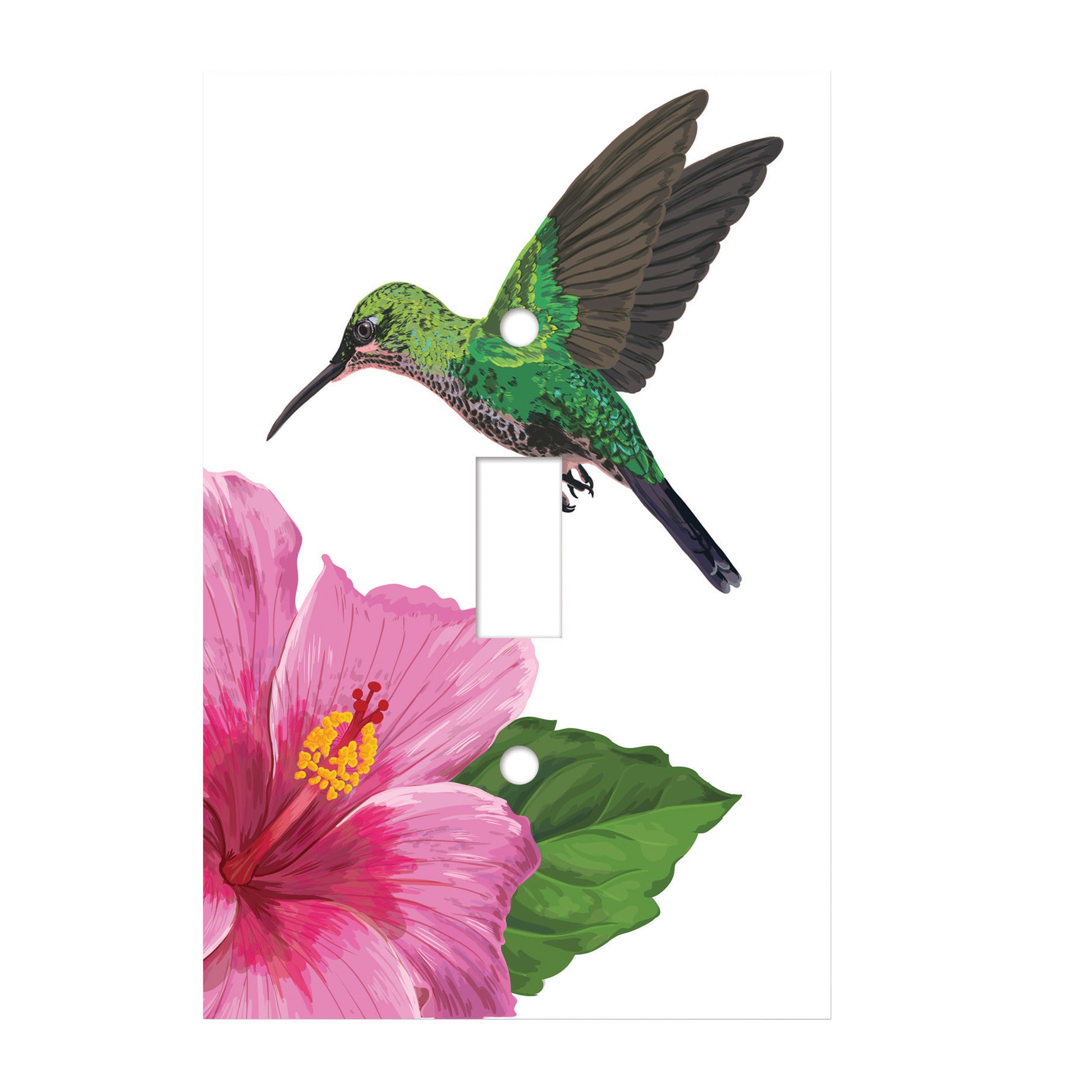 ceramic single toggle switch plate featuring green hummingbird hovering over pink hibiscus flower. 