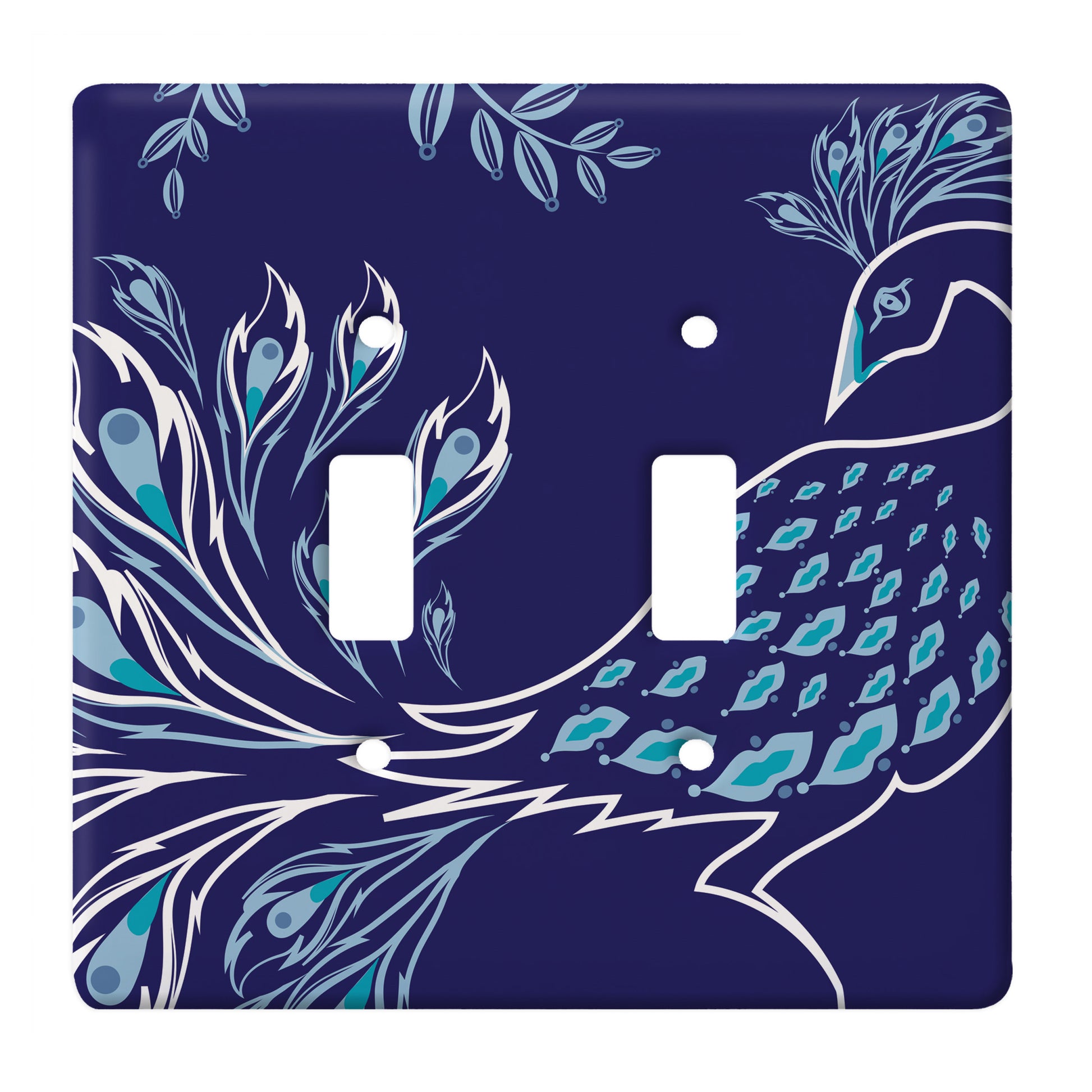 blue ceramic double toggle switch plate featuring a graphic of a peacock.