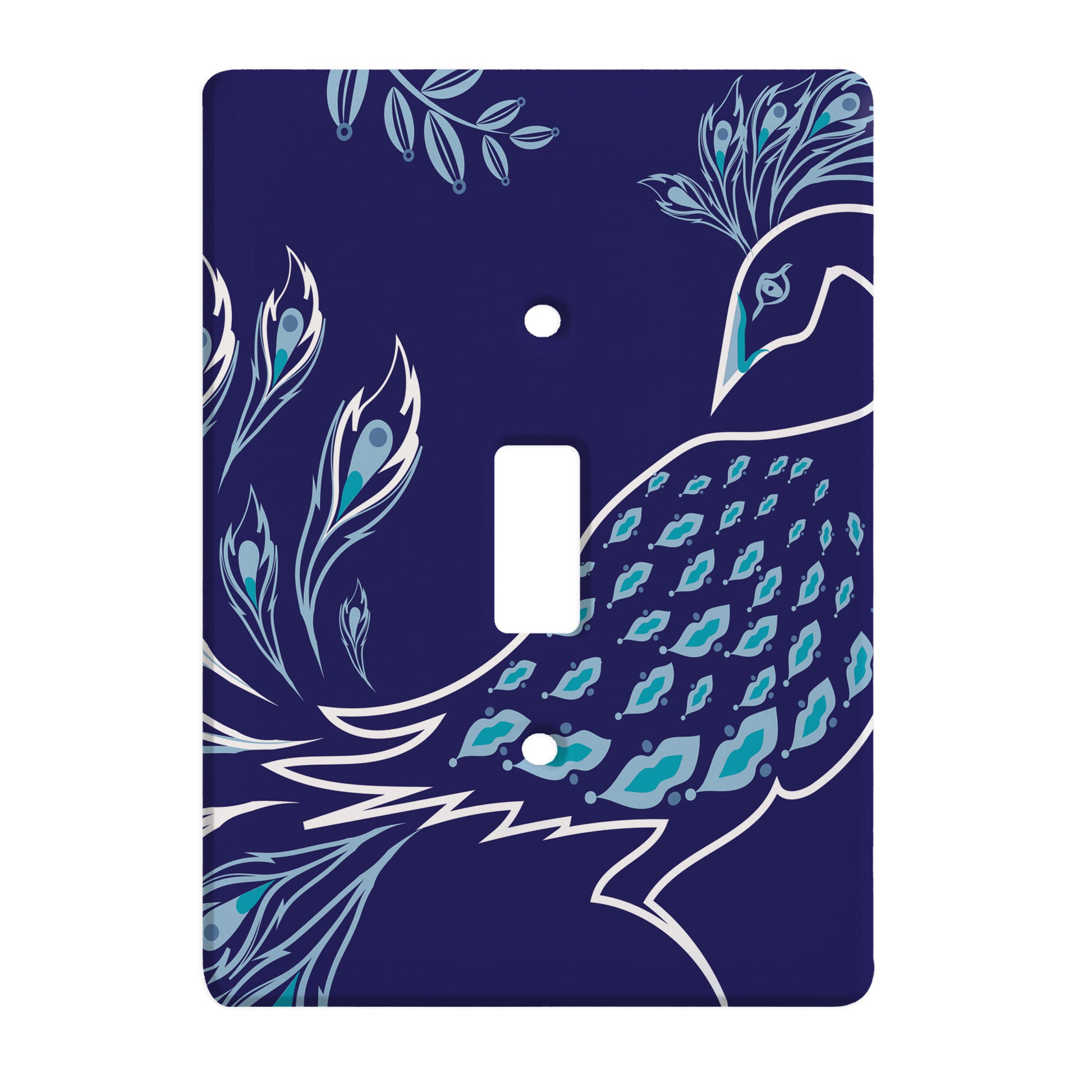 blue ceramic single toggle switch plate featuring a graphic of a peacock.