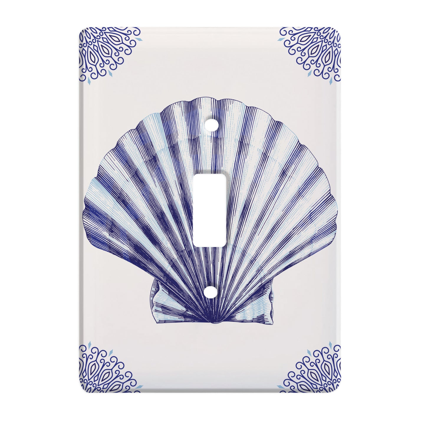 white ceramic single toggle switch plate featuring blue scallop shell and blue decorative corners.