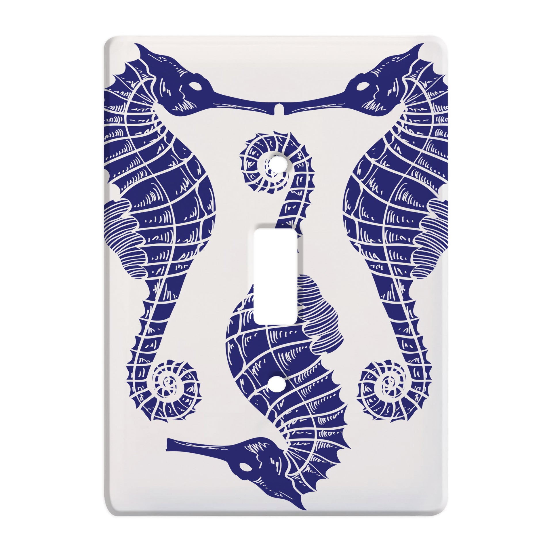 ceramic white single toggle switch plate featuring alternating blue seahorse pattern.