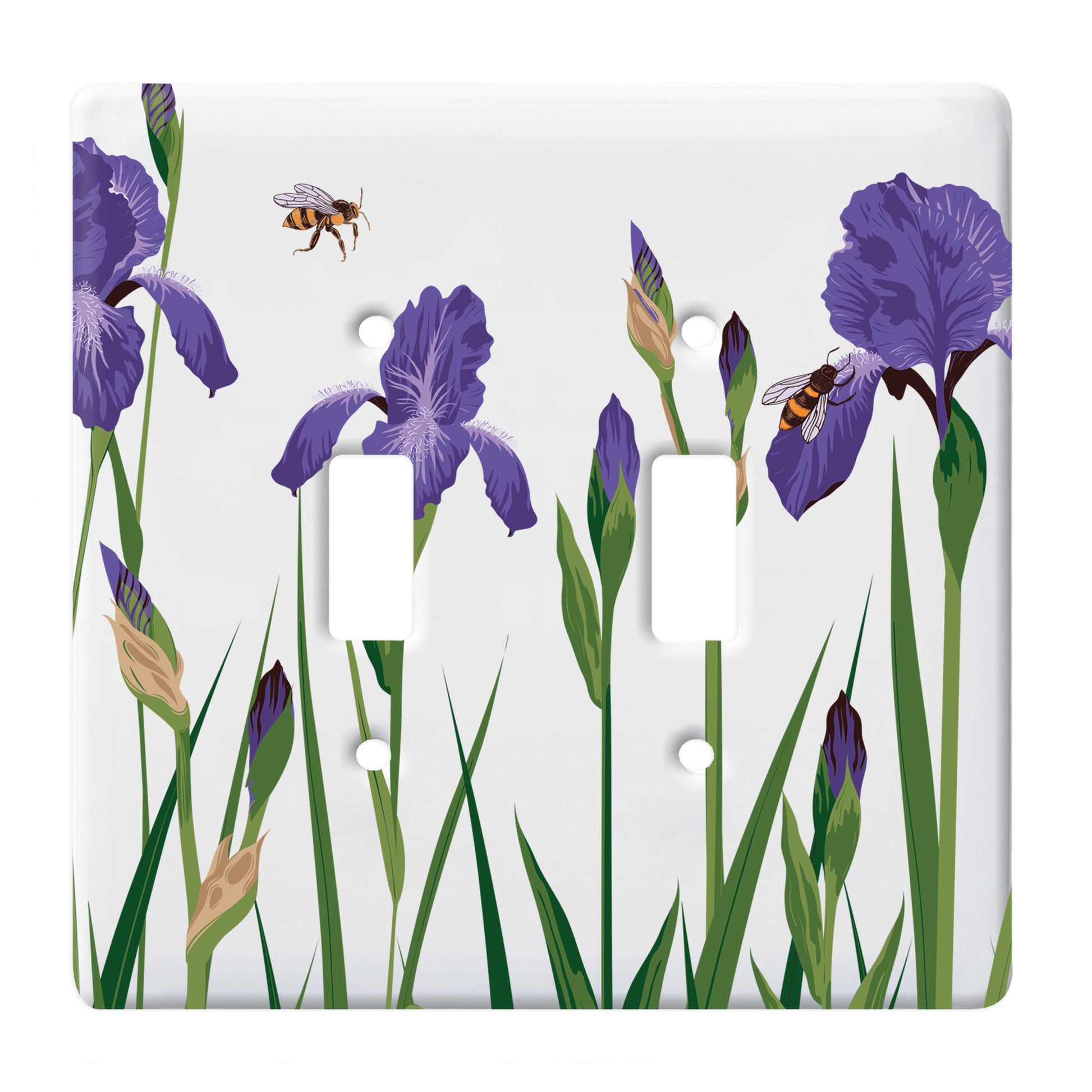 white ceramic double toggle switch plate featuring purple iris flowers and a bee hovering above them and one resting upon a single flower.