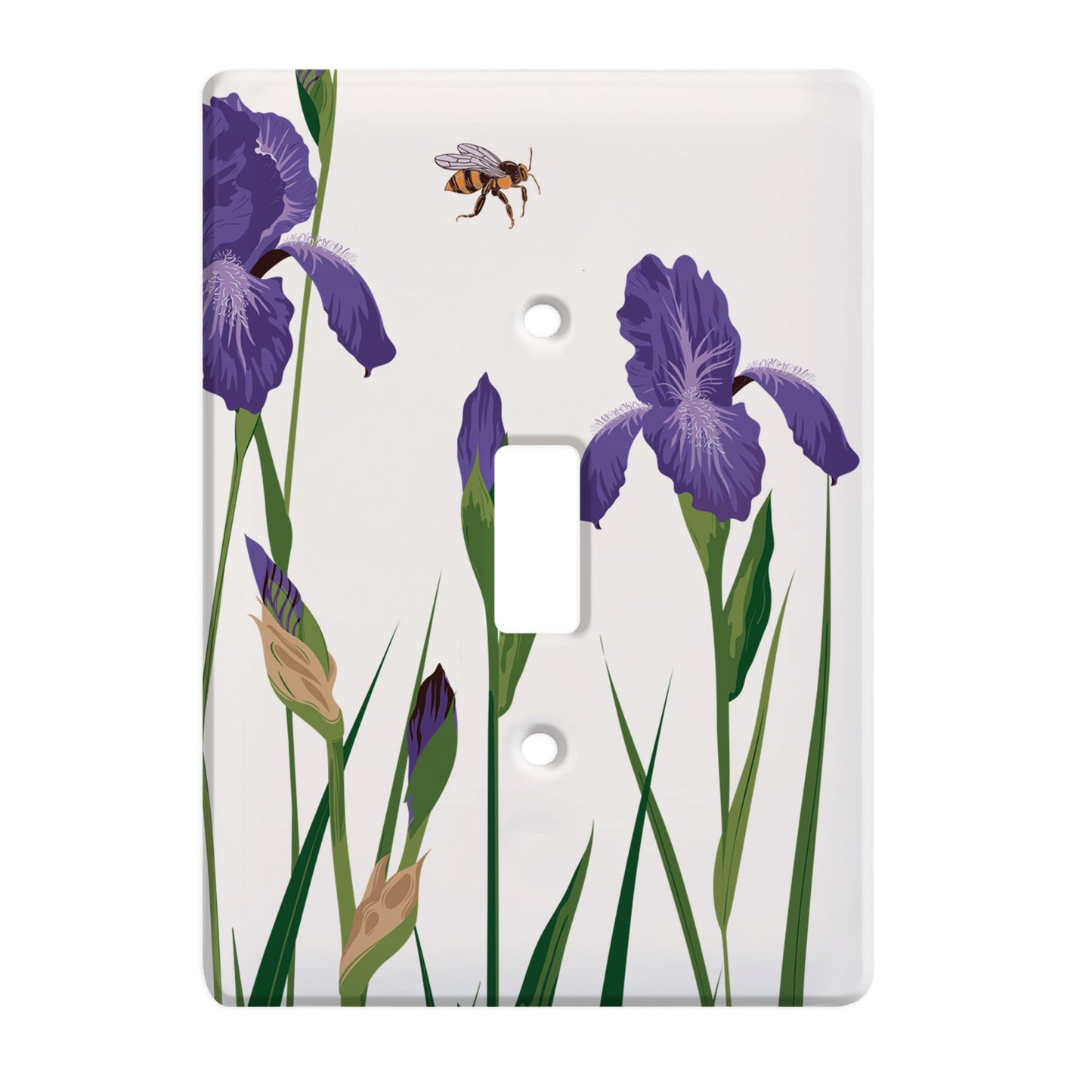 white ceramic single toggle switch plate featuring purple iris flowers and a bee hovering above them.