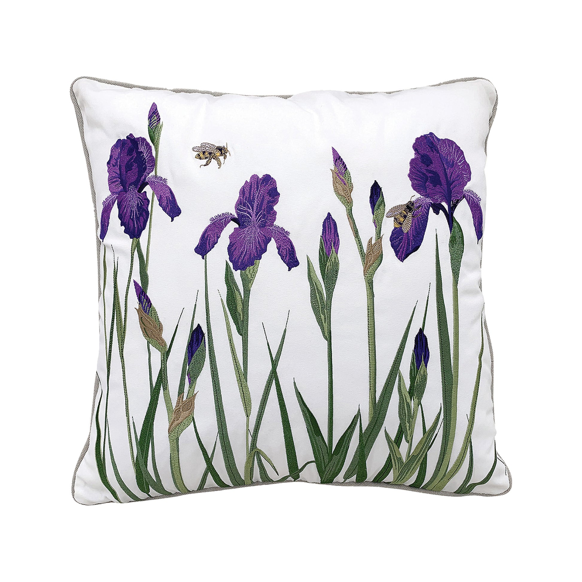 Embroidered bee's buzz through a garden of Iris flowers embroidered on a white background. Pillow is finished with grey piped edging.