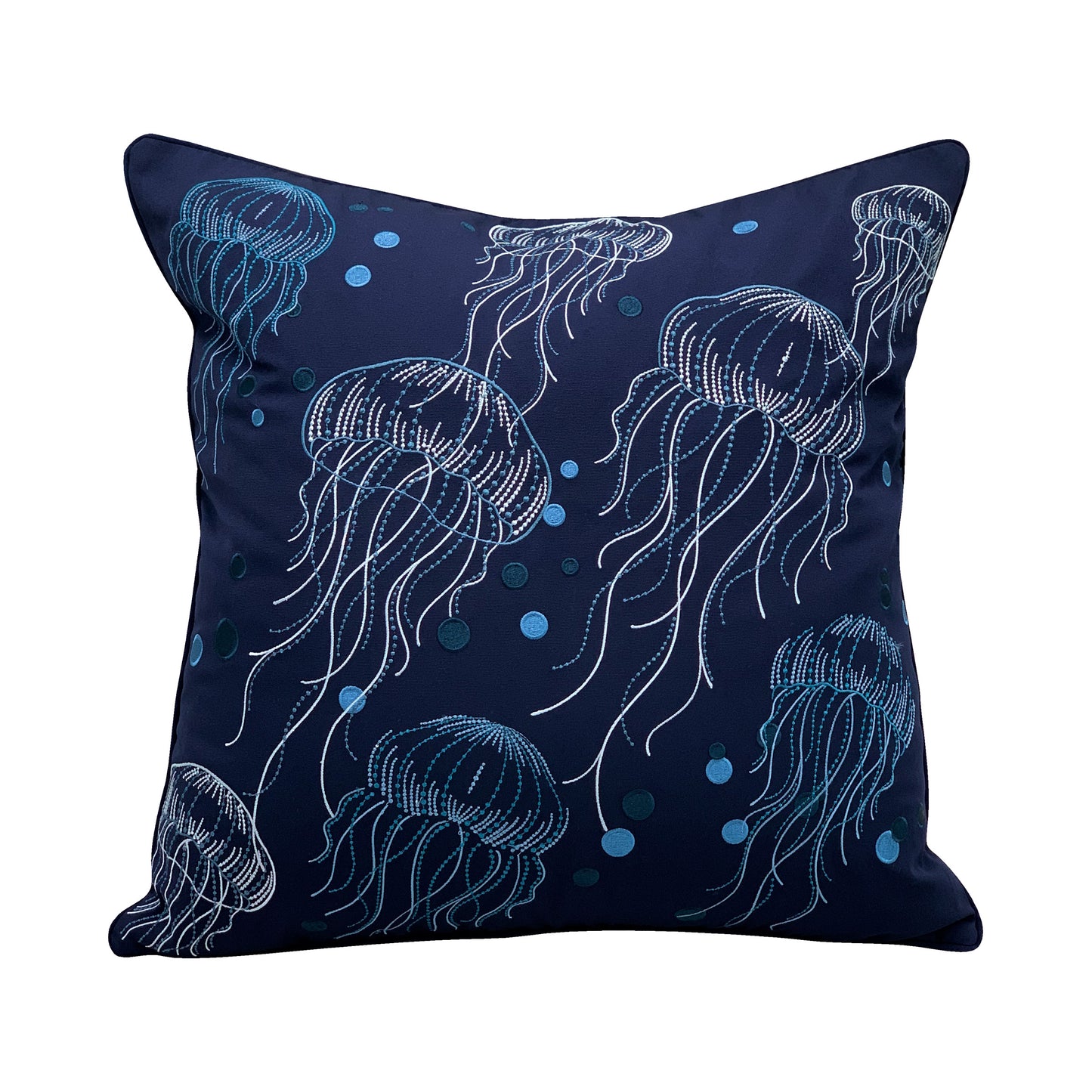 Eight jelly fish in various sizes floating through bubbles embroidered on a navy blue background. Pillow is finished with navy blue piped edging.