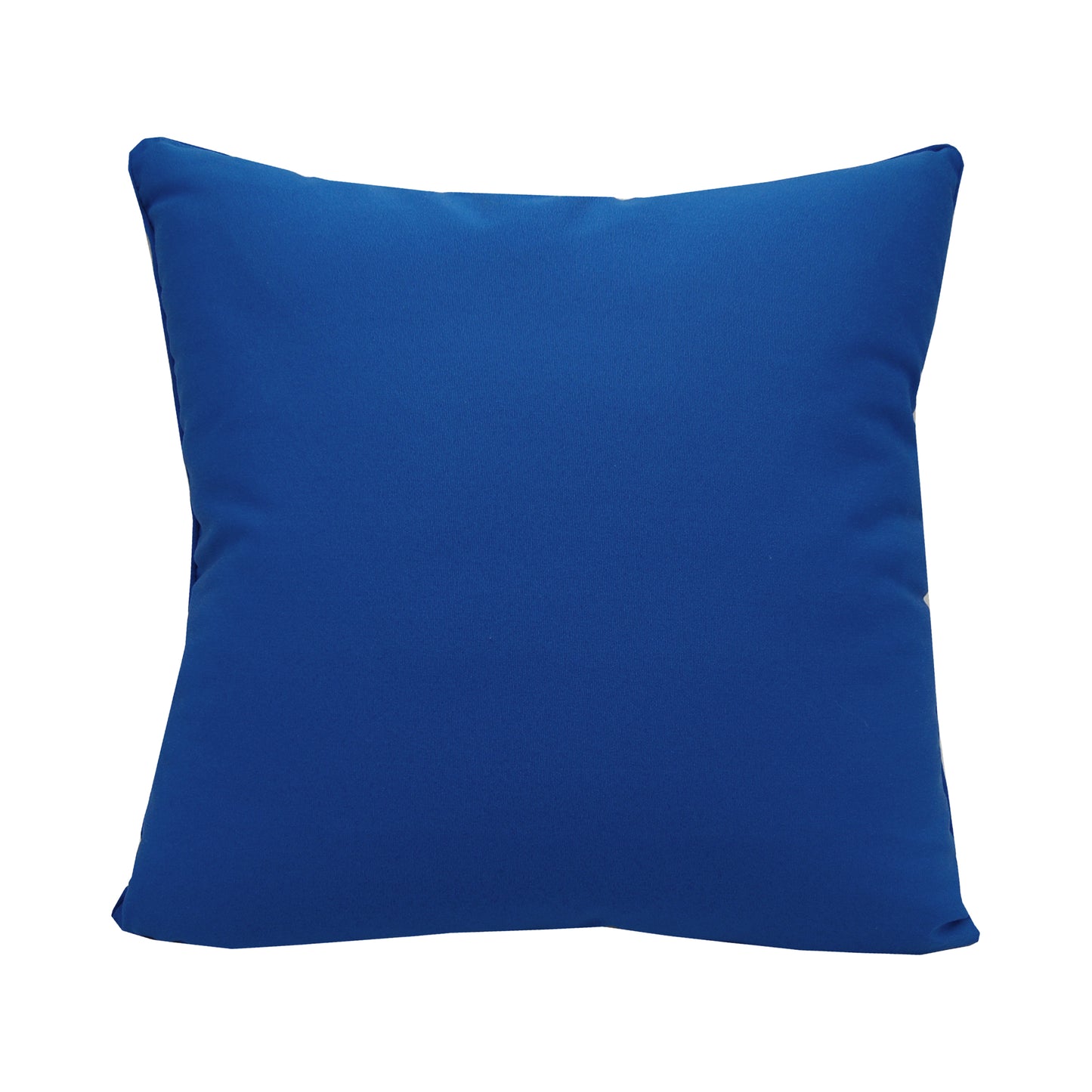 Solid blue fabric; back side of the Blue Puffer Indoor Outdoor Pillow.