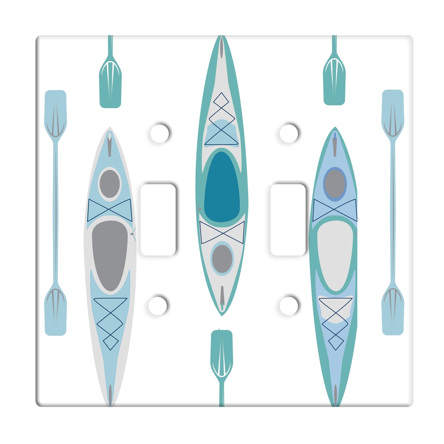 ceramic double toggle switch plate featuring alternating pattern of ores and kayaks in various shades of blue, green and white.