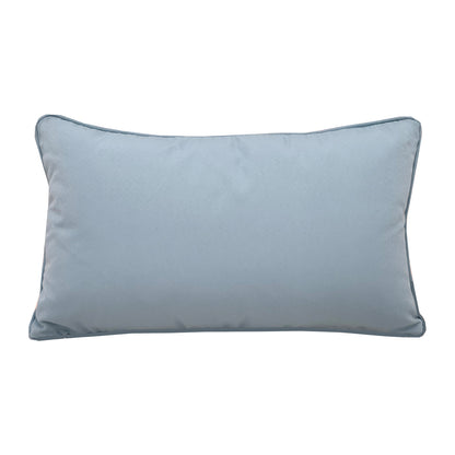Solid grey/blue fabric; back side of the Kayak Pattern pillow.