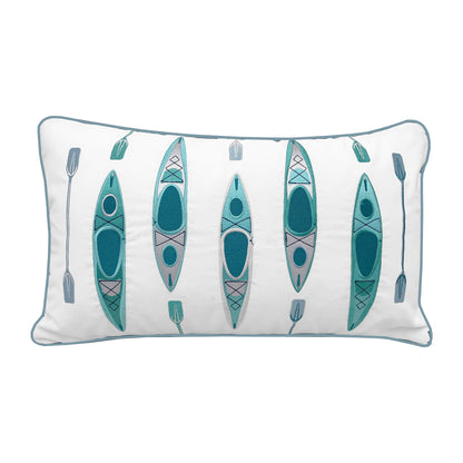 Five teal and grey kayaks embroidered on a white background with their matching pair of oars. Pillow is finished with a grey piped edging.