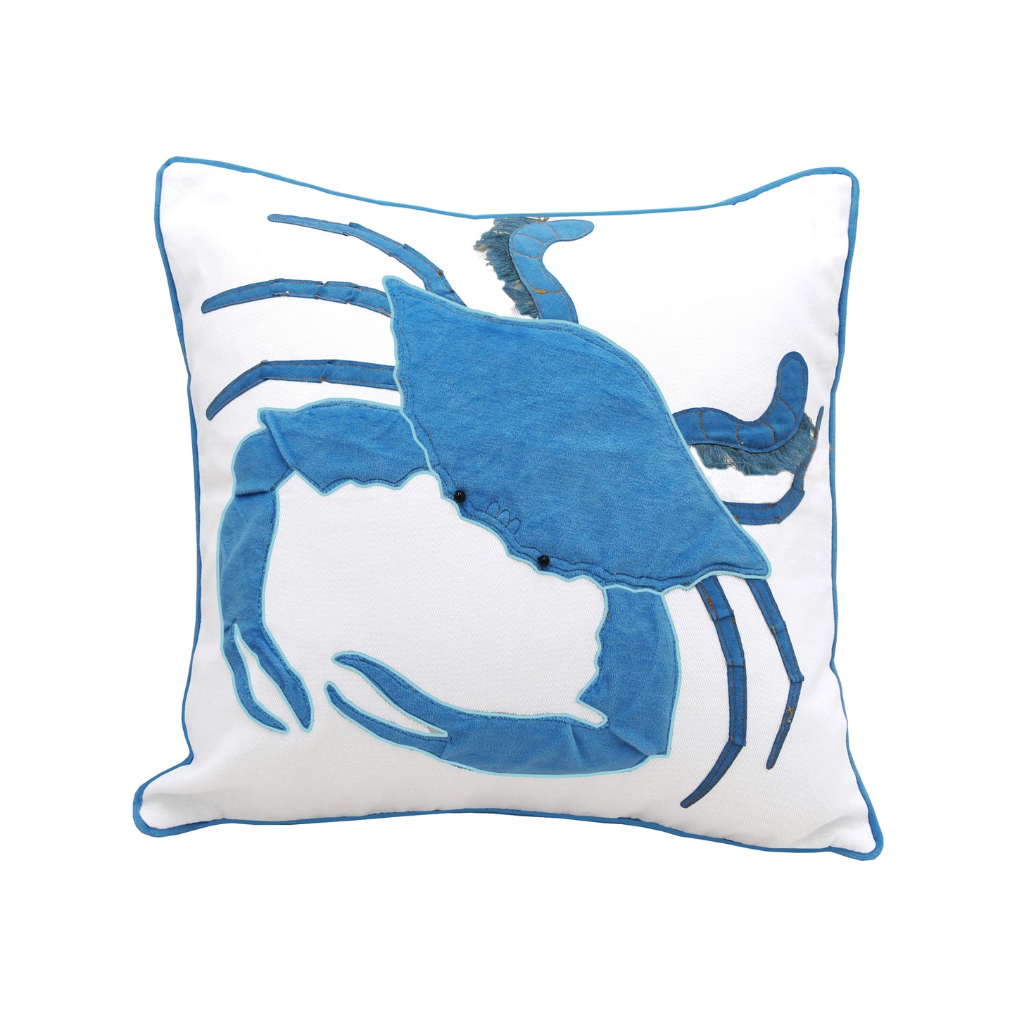 A large velvet Chesapeake blue crab appliqued to a white background. Pillow is finished with blue piped edges, beaded and fringe accents.