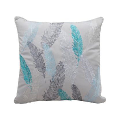 Gray and blue feathers embroidered on the Lake Feather Pattern Lumbar Indoor Outdoor Pillow.