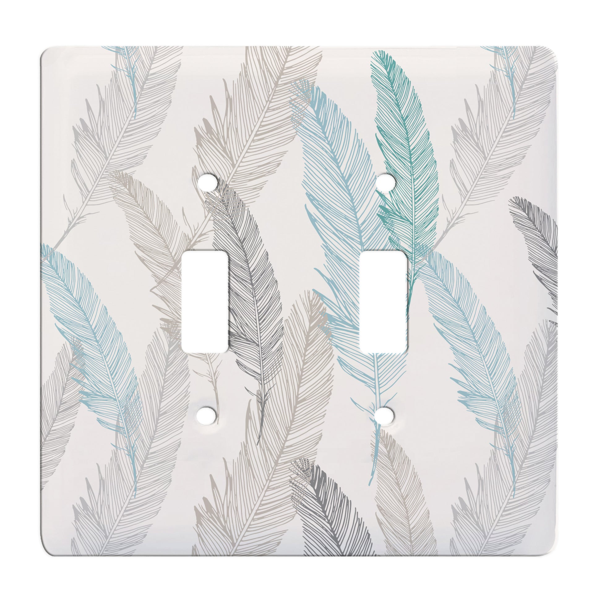 white ceramic double toggle switch plate featuring pattern of overlapping gray and blue feathers.