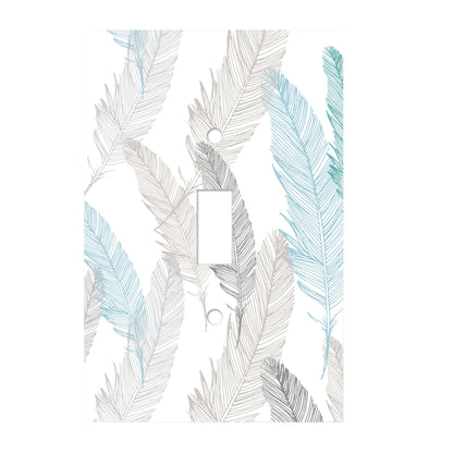 white ceramic single toggle switch plate featuring pattern of overlapping gray and blue feathers.