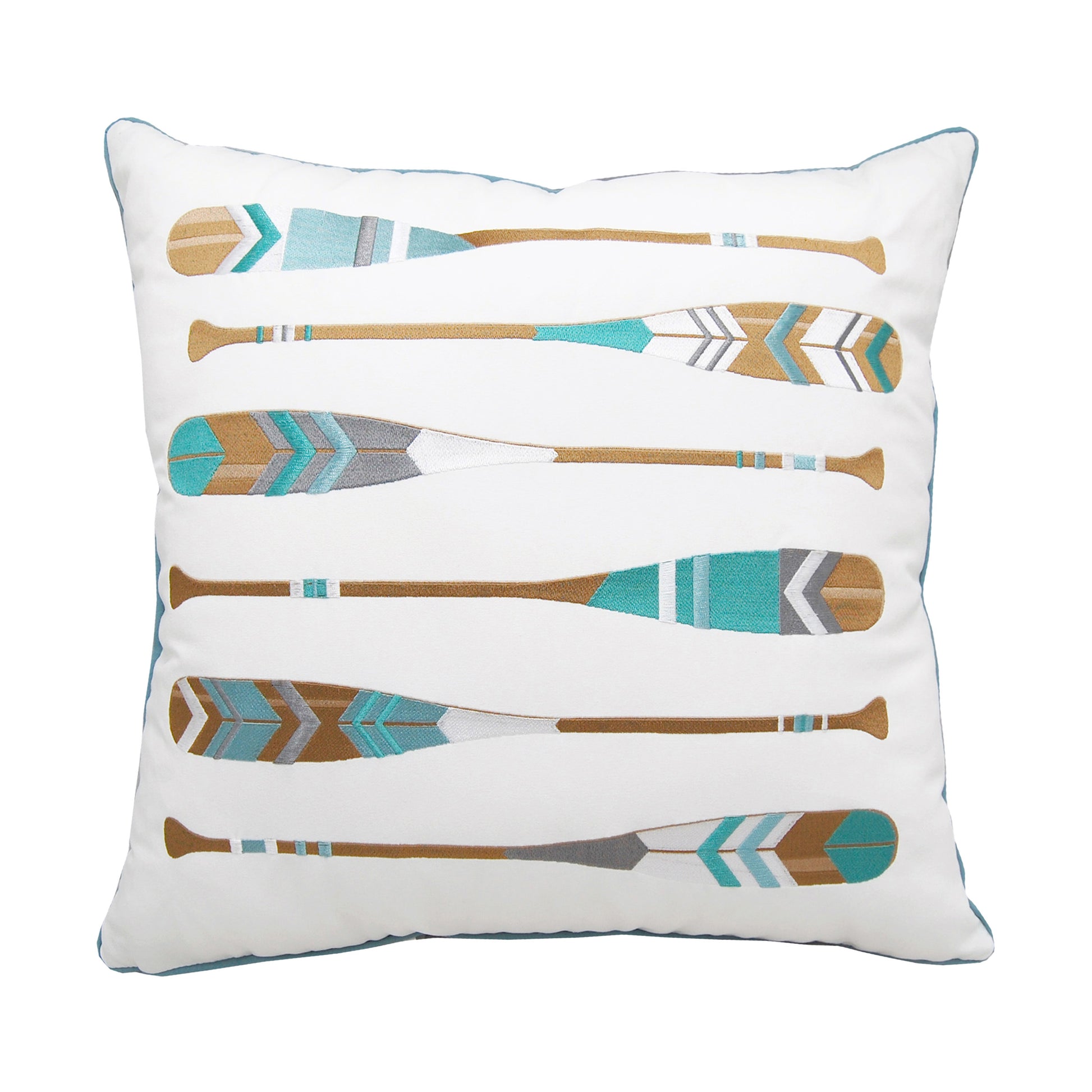 The Lake Oars Indoor Outdoor pillow has six alternating oars with teal, lightblue, white, and grey geometric designs embroidered on a white background.