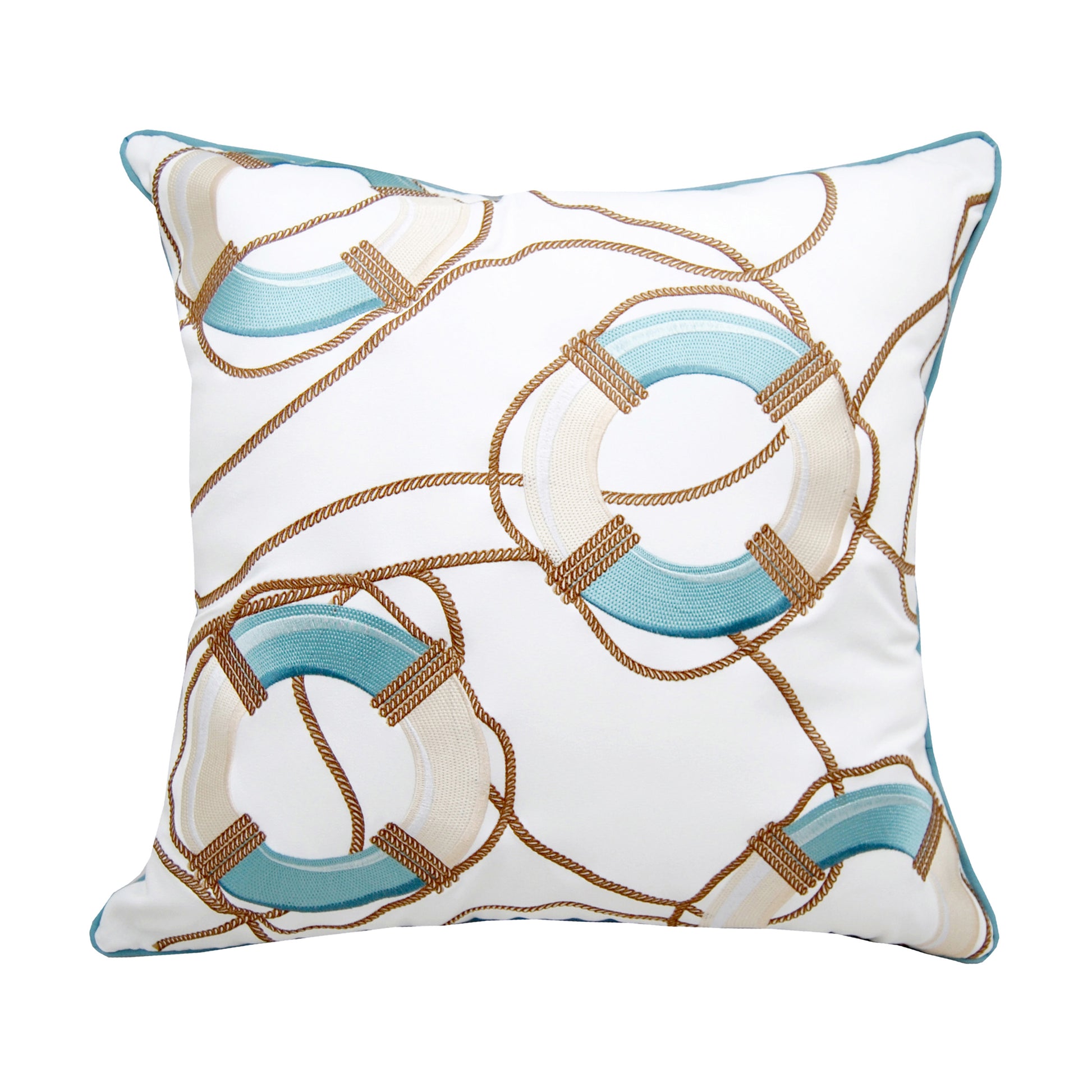 White and blue round life preservers tangled in rope, embroidered on a white background.