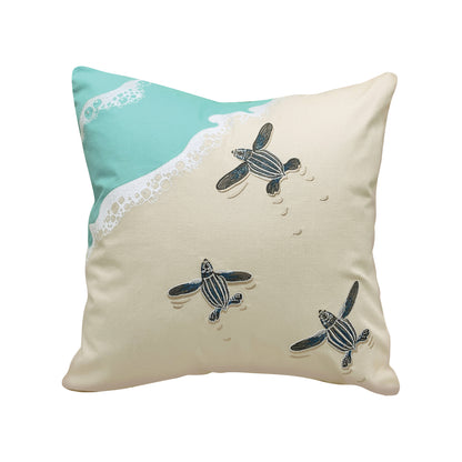 Three baby leatherback turtles scurry to the shoreline; embroidered on tan and teal background.