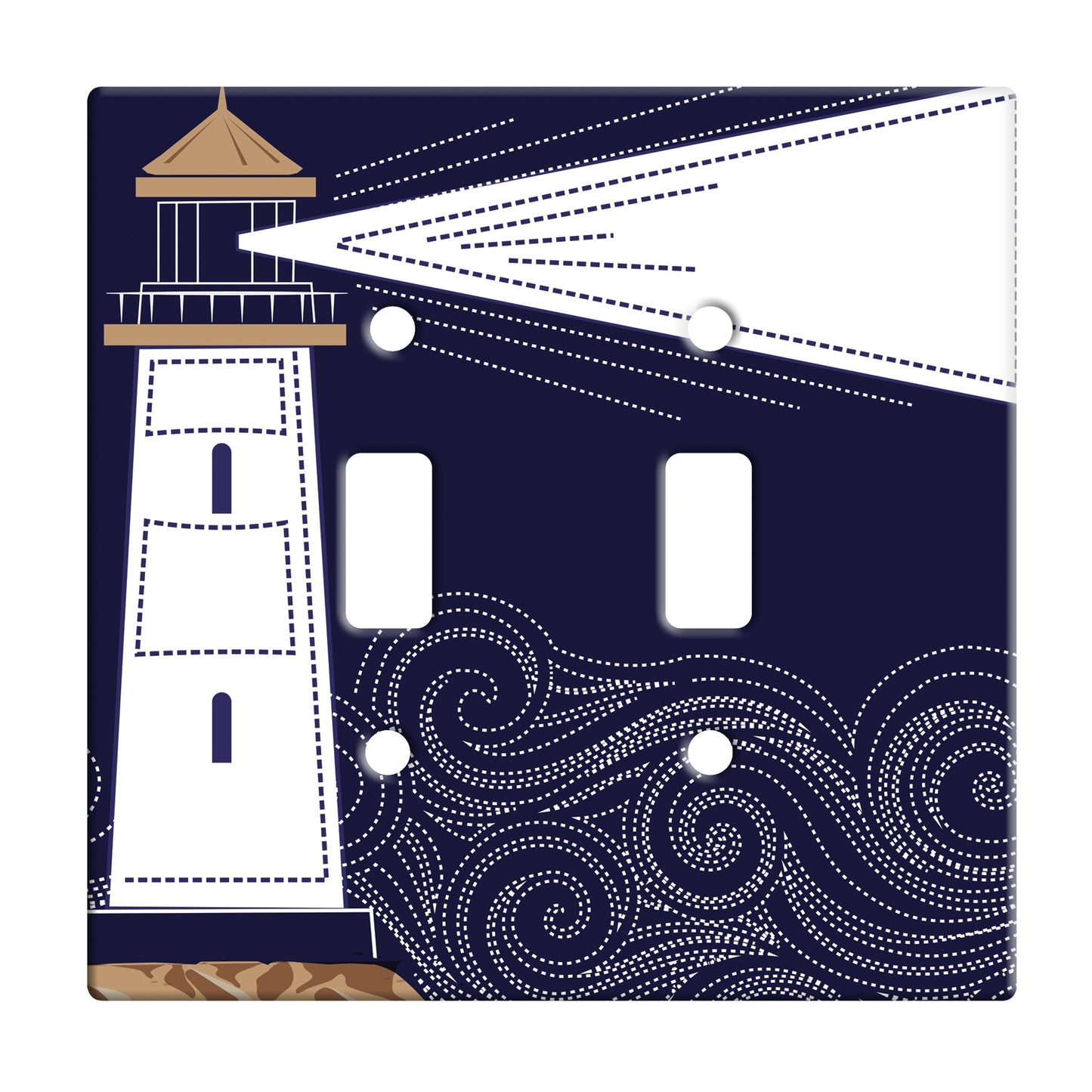 navy double toggle switch plate featuring white lighthouse and rolling waves in stipling line work.
