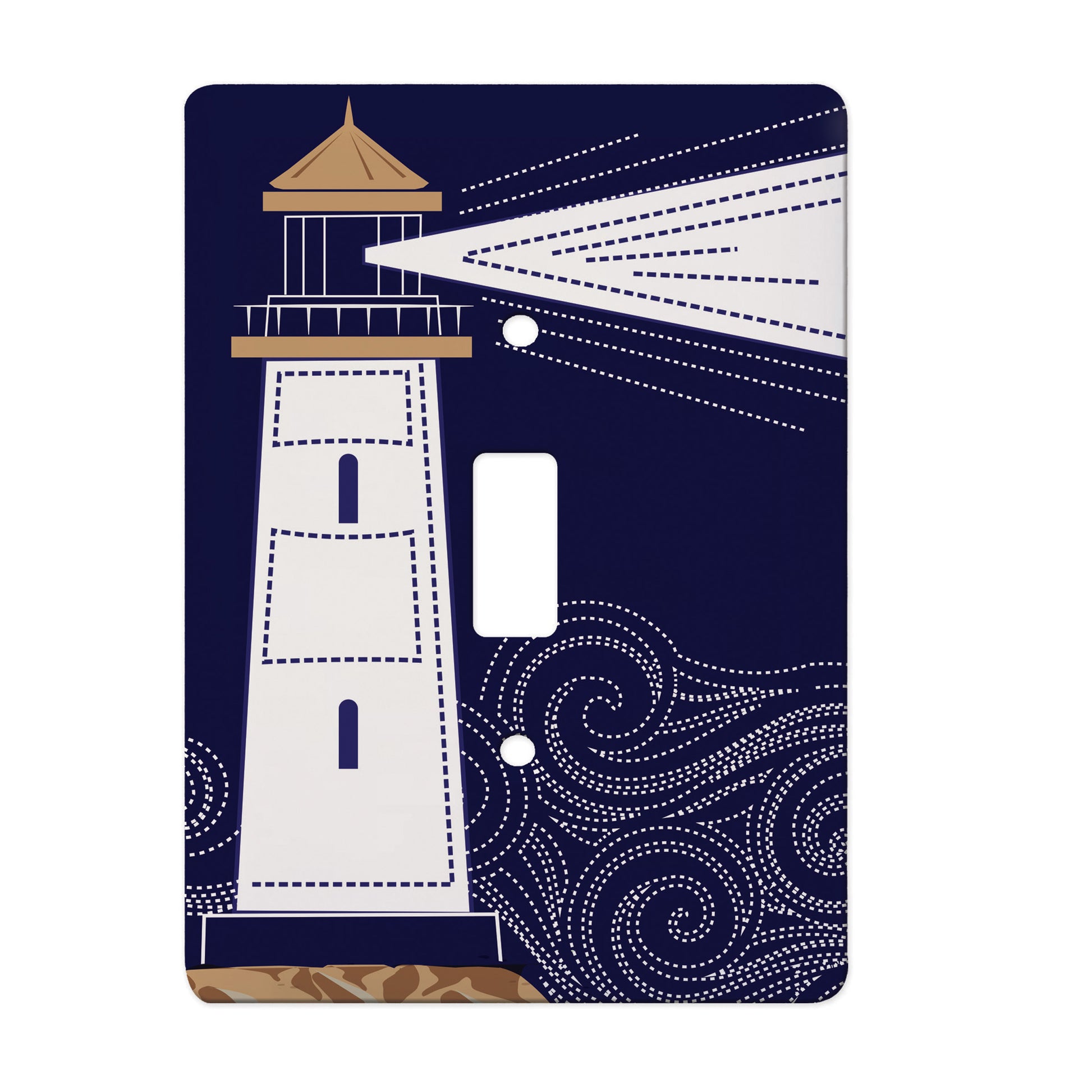 navy single toggle switch plate featuring white lighthouse and rolling waves in stipling line work.