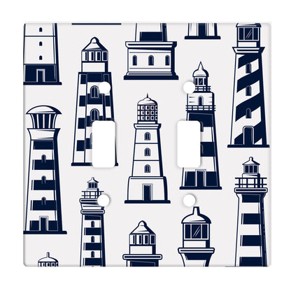 white ceramic double toggle switch plate featuring many navy light house graphics in various shapes and sizes.