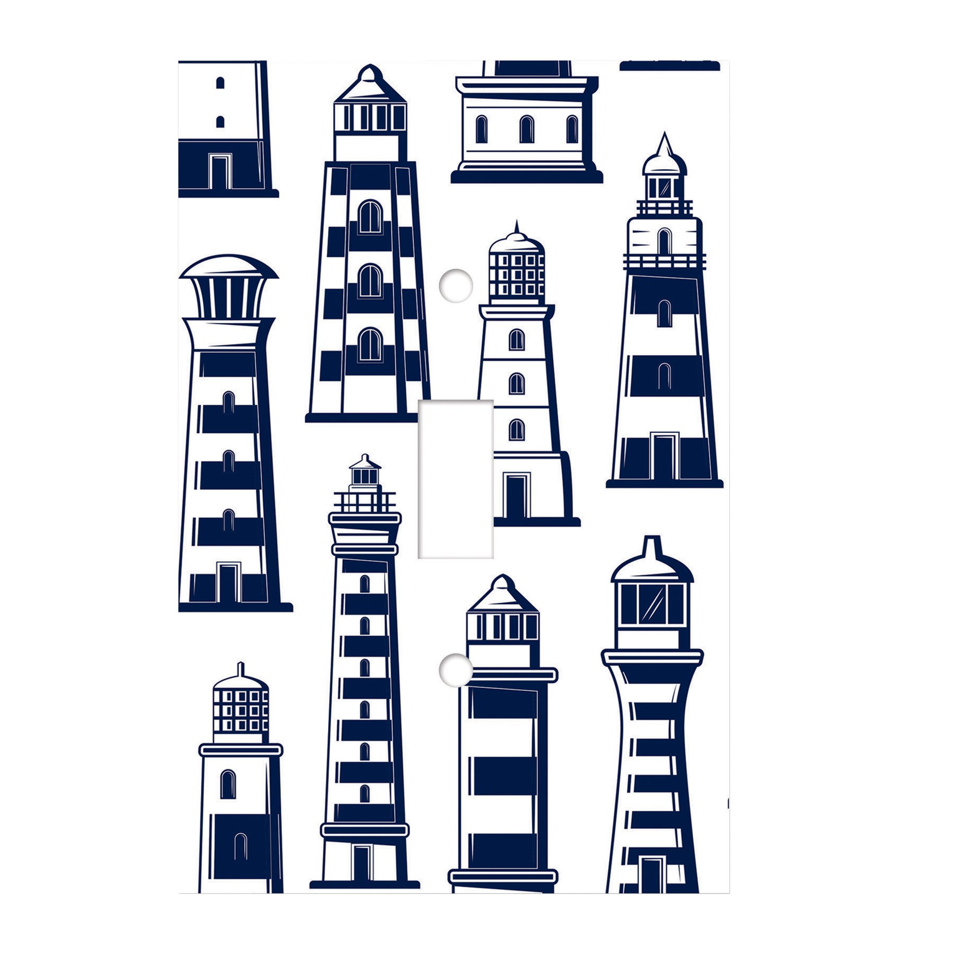 white ceramic single toggle switch plate featuring many navy light house graphics in various shapes and sizes.