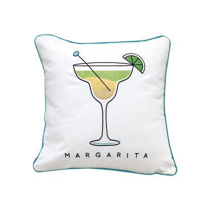 A retro style margarita embroidered on a white background. Pillow is finished with blue piped edging.