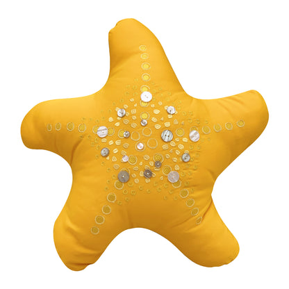 Marigold sea star shaped indoor outdoor pillow with embroidered and beaded accents.