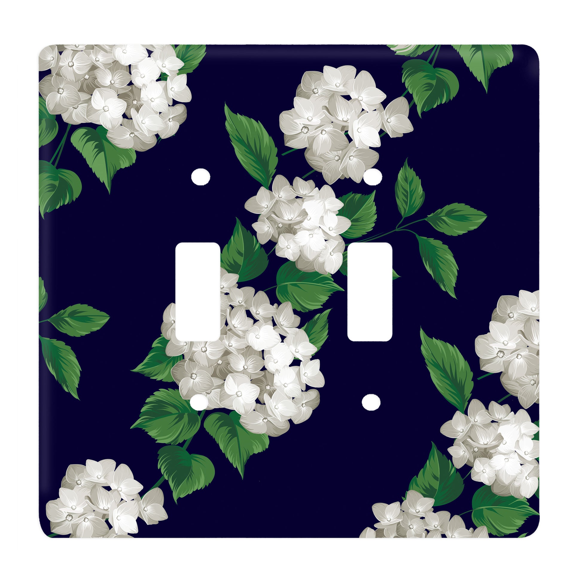 blue ceramic double toggle switch plate featuring white hydrangeas.