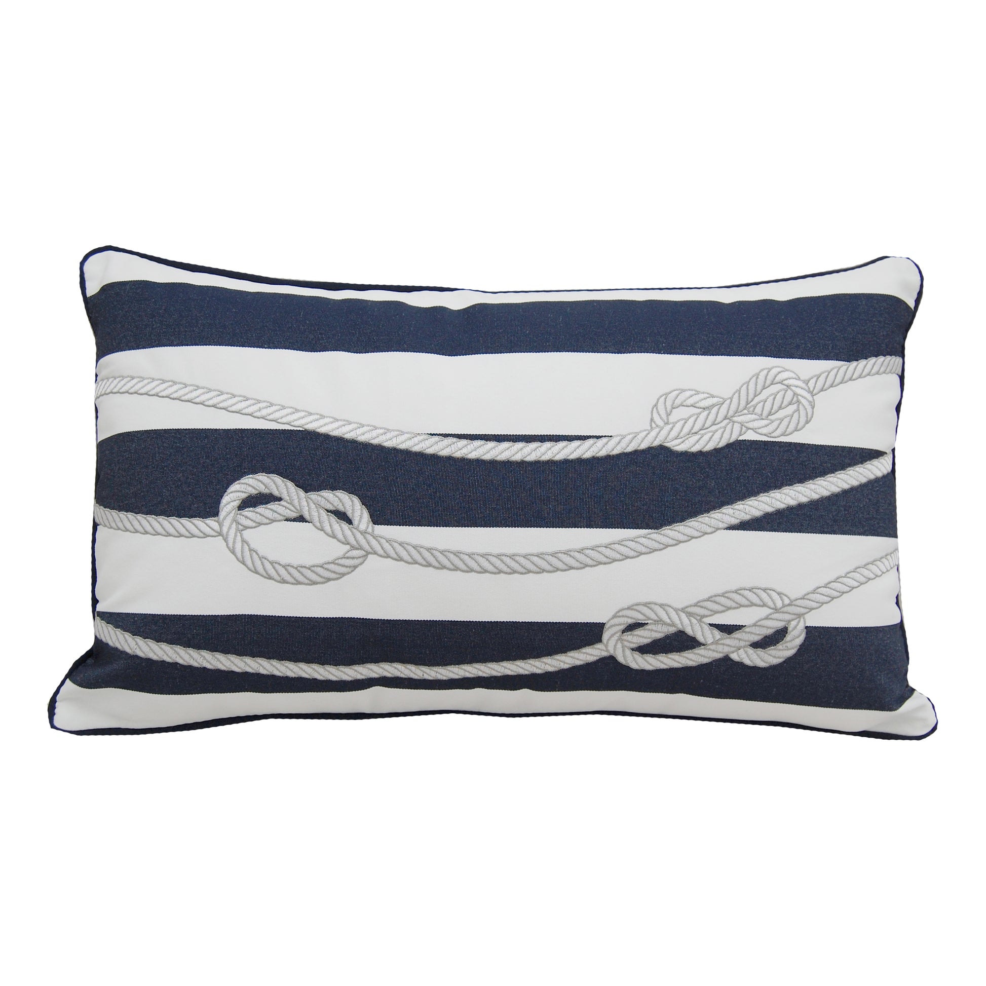 White rope embroidered on a white and blue striped background. Pillow is finished with a navy blue piped edging.