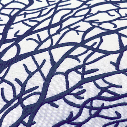 Detail shot of the Fan Coral Navy and White Indoor Outdoor Pillow embroidery