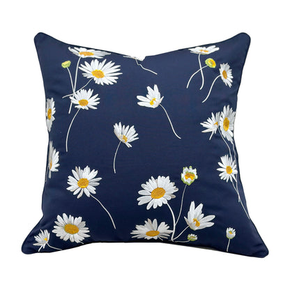 Daisies embroidered on a navy blue background.