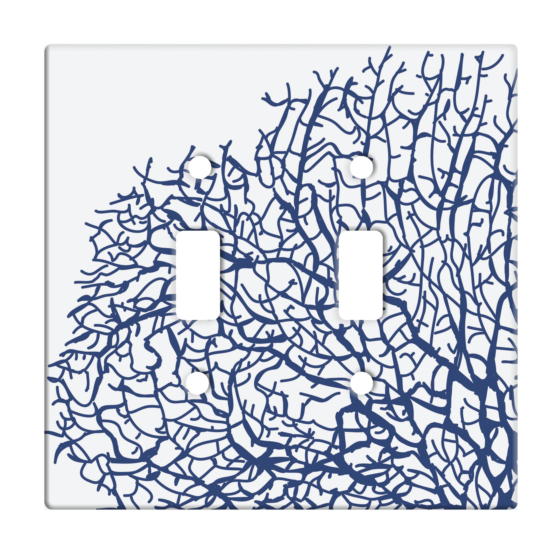 white ceramic double toggle switch plate featuring blue coral pattern.